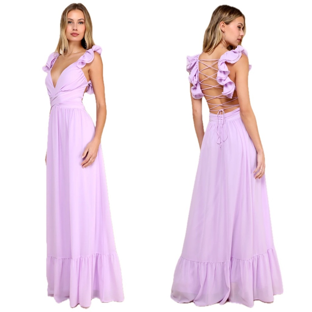 Lulu’s Soiree Celebration Lilac Purple Ruffled Chiffon Lace-Up Maxi Unique Dress